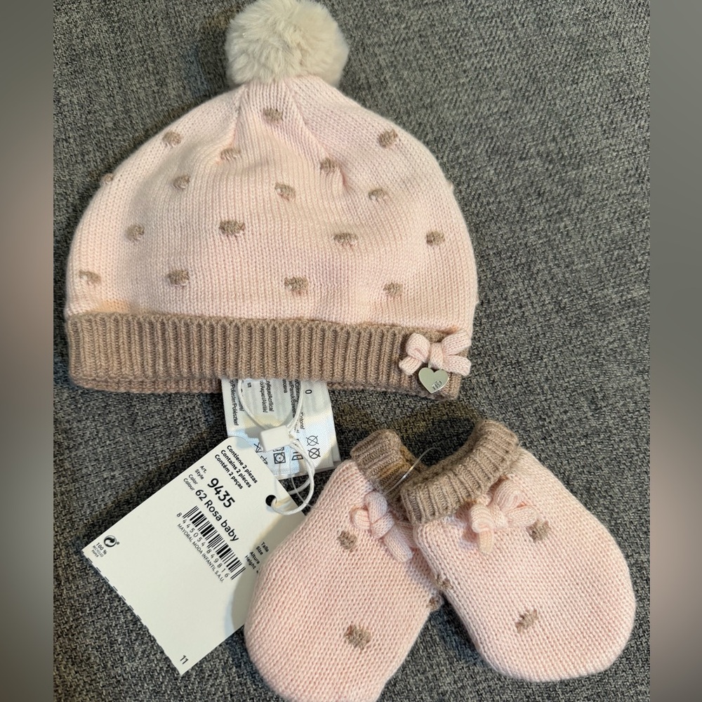 Mayoral Pink Knit Hat and Mittens Set with Taupe Details Size Newborn NWT